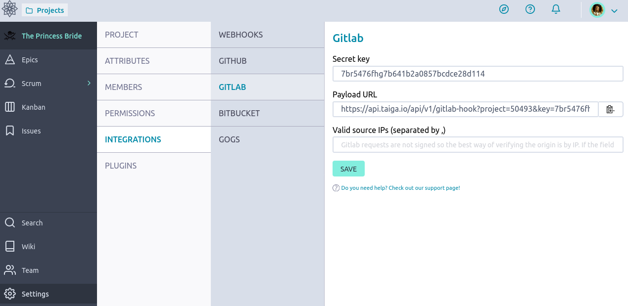Admin > Integrations > GitLab Panel